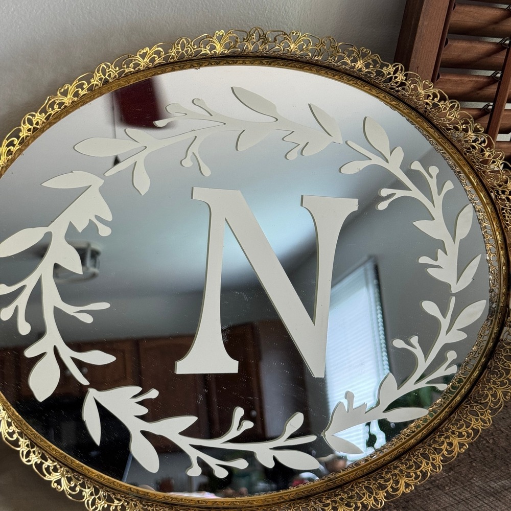 Vintage Ornate Gold Filigree‎ Mirror Vanity Tray Hollywood Regency MCM Decor